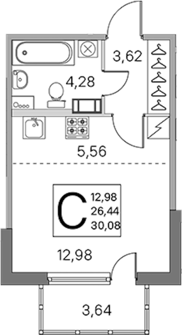 Квартира студия 26.44 м², 5/5 эт., ЖК «ЮгТаун. Олимпийские кварталы»